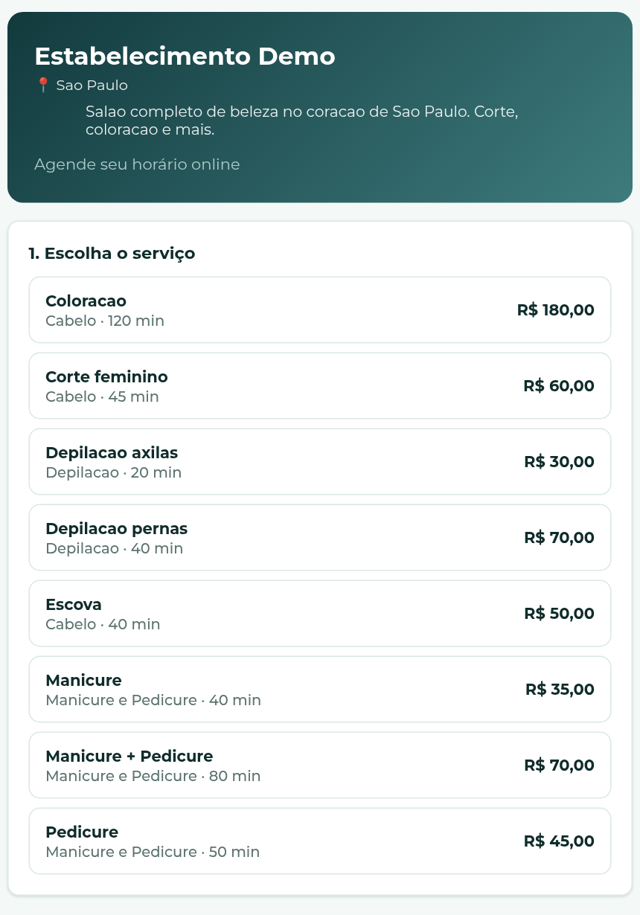 Página de agendamento online do Reservya no celular